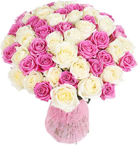 Букет 51 роза: белые + розовые